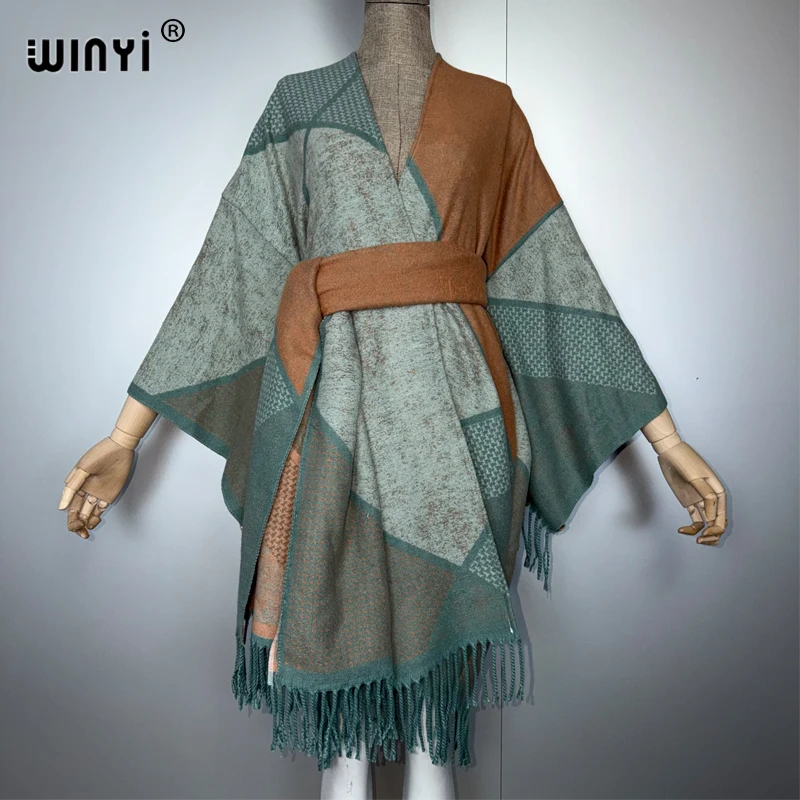 

WINYI winter cardigan Africa muslim women clothes casual coats abaya poncho for women cape boho dress with belt holiday kaftan