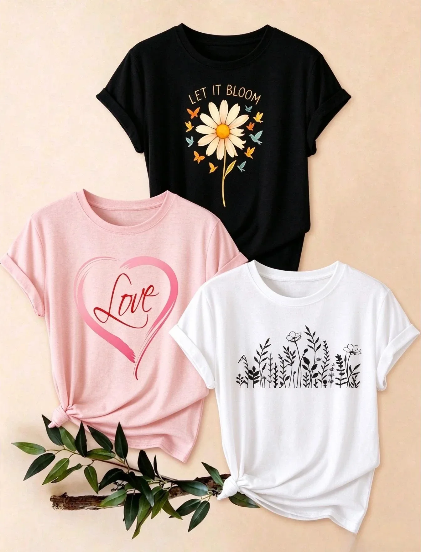2026 Women Cottagecore Aesthetic 3-Pack T-Shirt Multipack, Vintage Wildflower Line Art & Daisy Graphic Tees With 