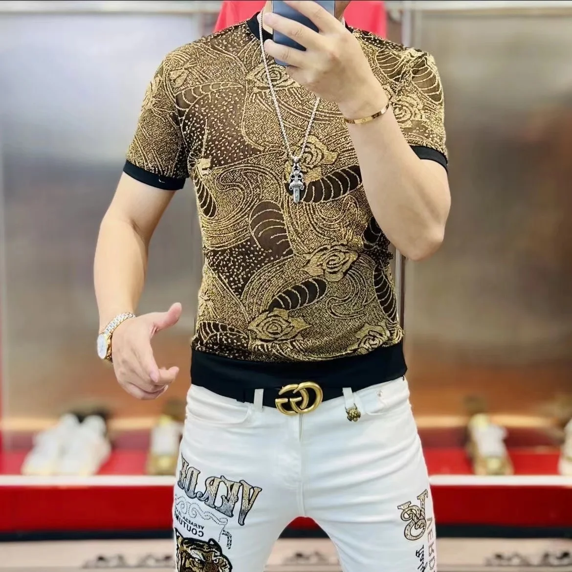 Summer Ice Silk Hollow Mesh T-shirt for Men Luxury Printed Short Sleeved Casual T-shirt Social Streetwear Round Necked Tee Top