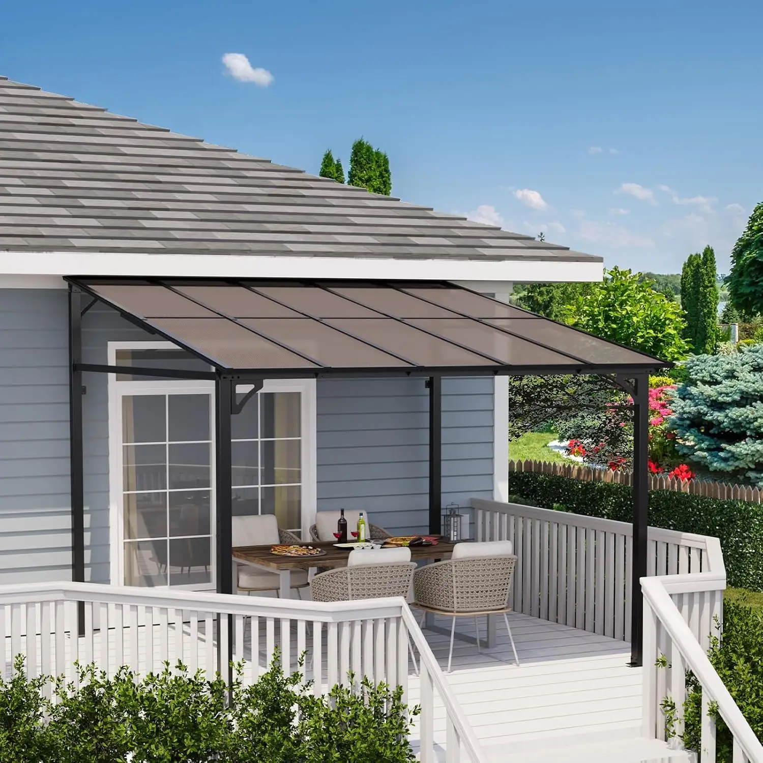 

10x10 Ft Wall Mounted Gazebo Pergola Outdoor Lean to Gazebo Hardtop with Polycarbonate Roof Upgraded Steel Frame Hardtop Pavilio