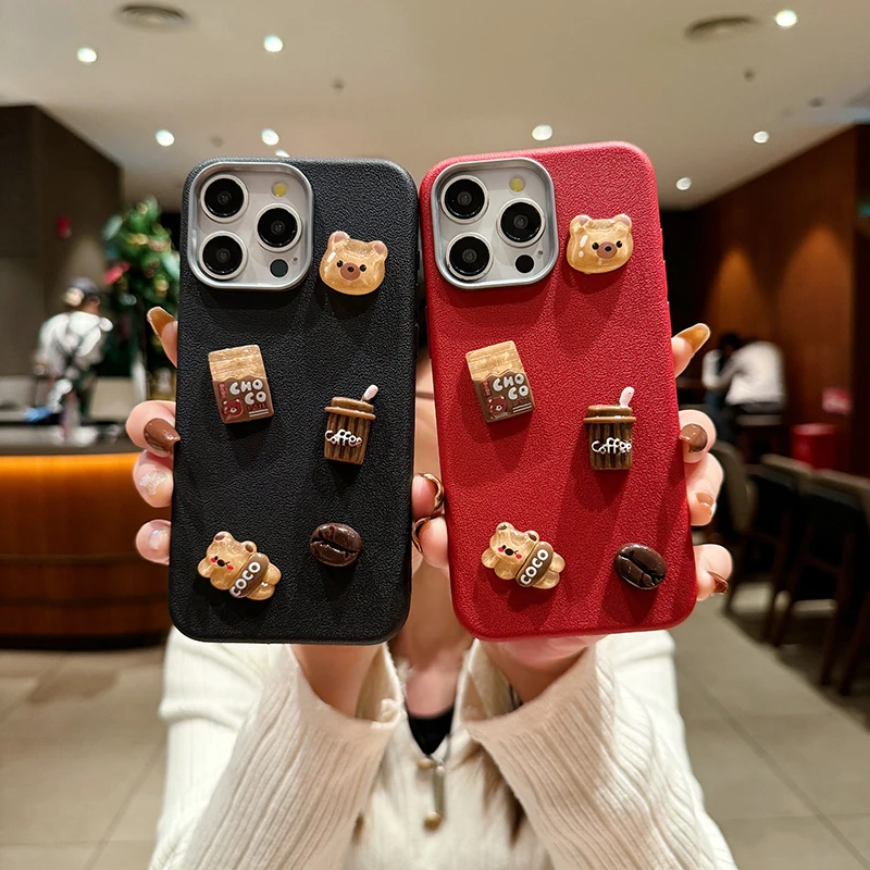 Cute 3D Bear Coffee Cartoon Lichee Pattern Phone Case For iPhone 16 15 14 13 12 11 Pro Max X XR 7 8 Plus Metal Photo Frame Cover