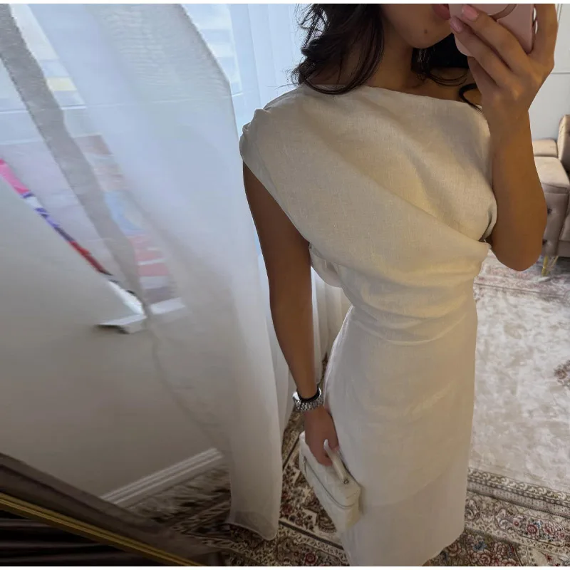 Solid One Shoulder Dresses 2026 Summer Lady Elegant Skew Collar Waist-cinching Sleeveless Split Long Dress Women's Party Gowns