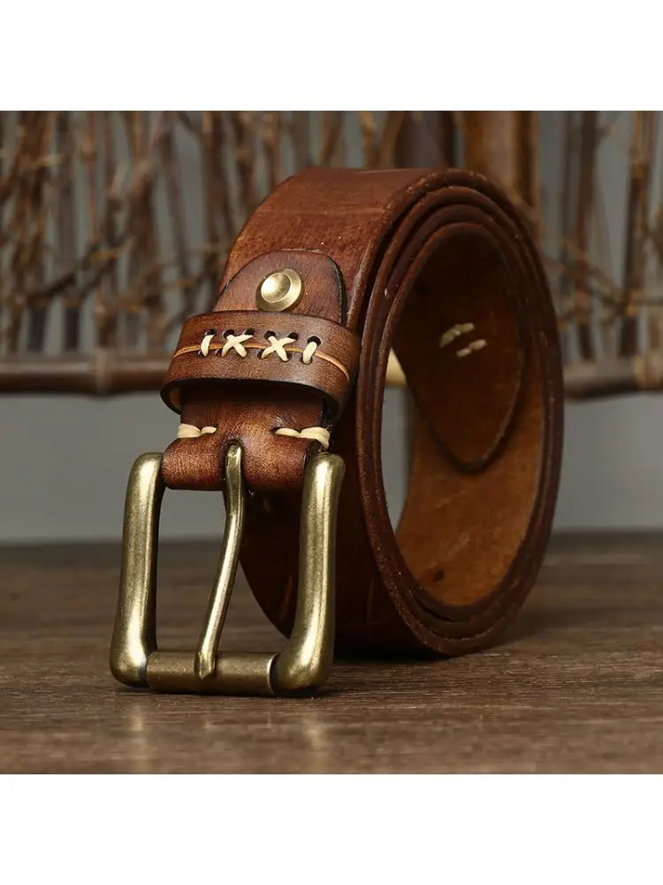 3.8CM  High Quality Men Cowhide Belt Washed Vintage Fashionable Style Top Copper Buckle Dressed Distinctive Pin Luxury Jeans
