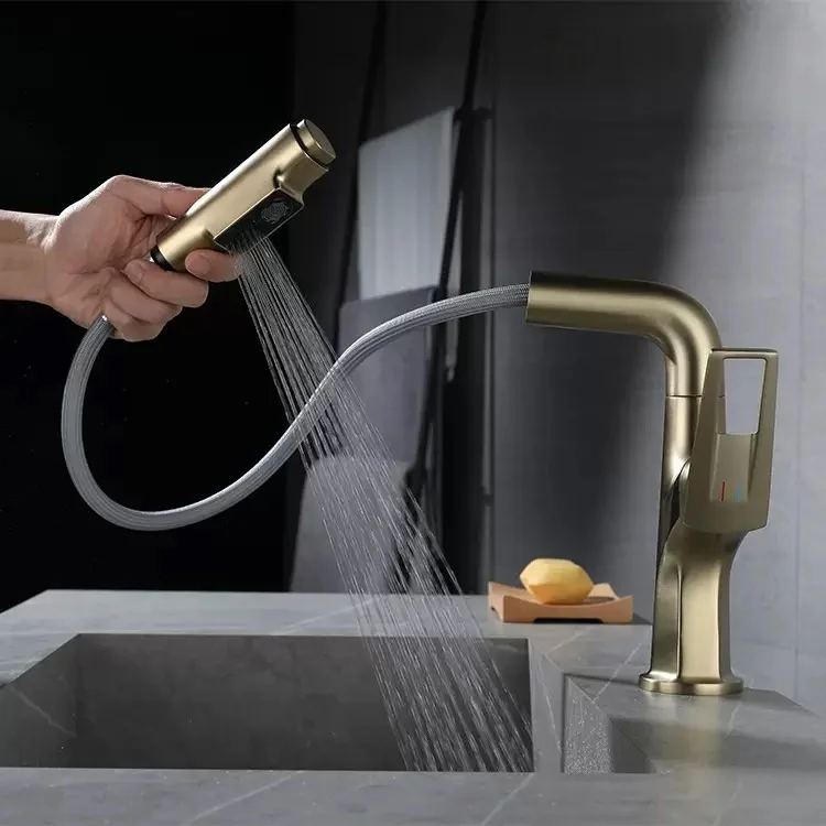Adjustable Pull-Out Basin Faucet for Home Use, Brushed Gold Bathroom Sink Hot and Cold Water Faucet