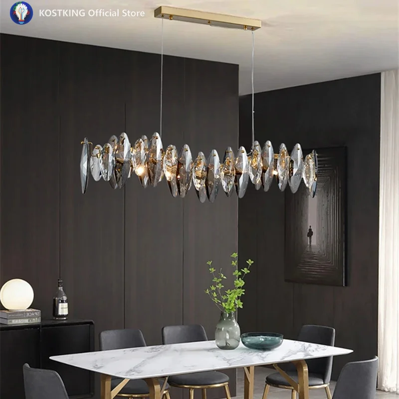 Light Luxury Crystal Lamp Long Dining Room Ceiling Chandelier For Kitchen Study Bedroom Wave Shape E14 Screw Pendant Lighting