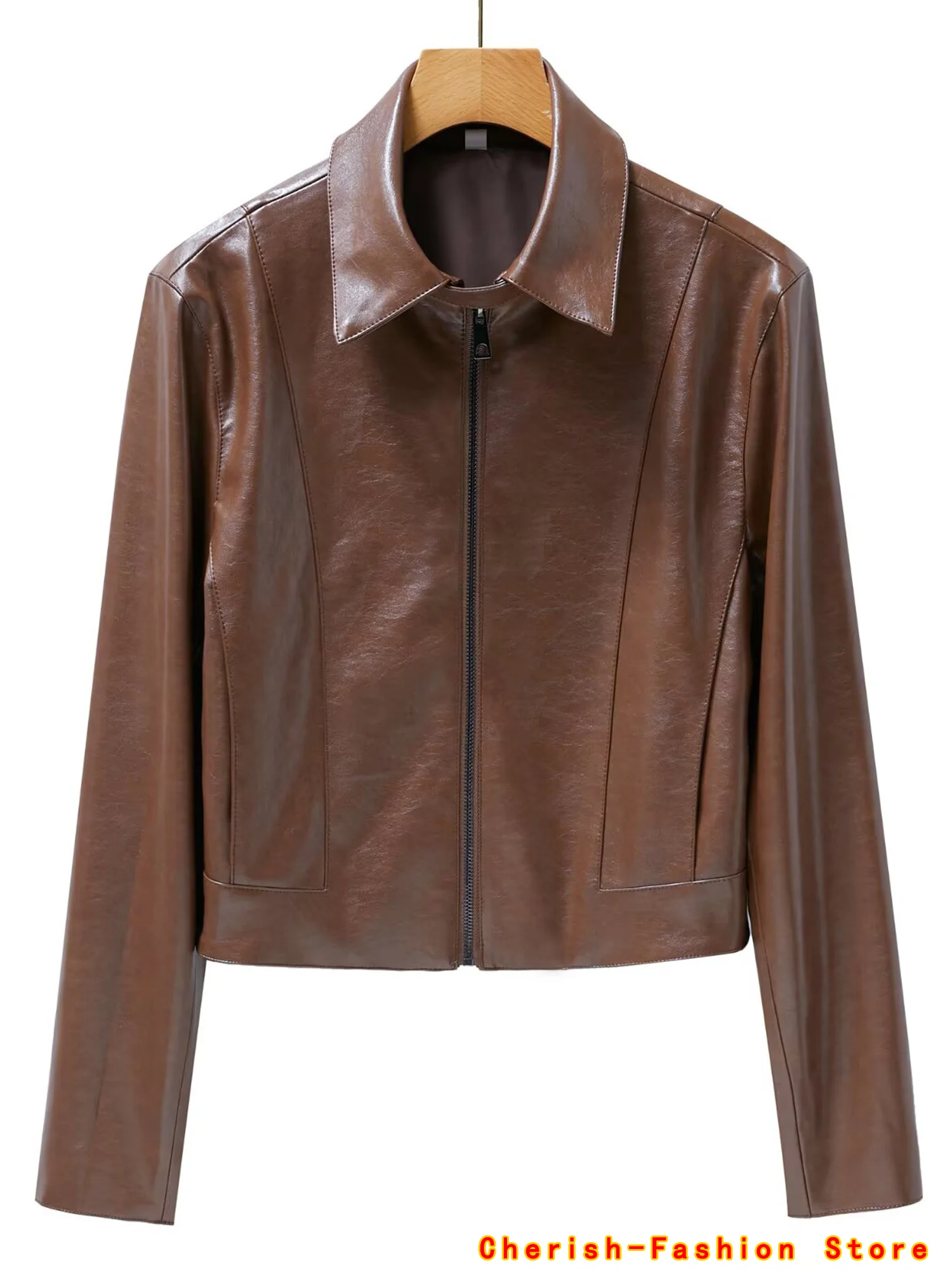 Vintage Brown Loose Short Leather Jacket Women Fashion Lapel Long Sleeves Zipper Cropped Coat 2025 Autumn Lady Street Outwear