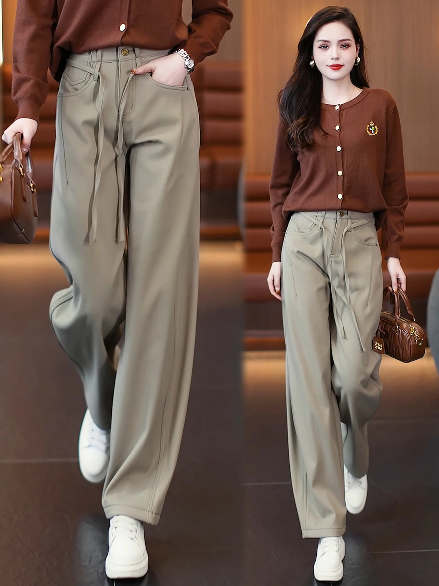 

High Waist Fleece Lined Denim Work Trousers Women's Autumn Winter Loose Casual Wide Leg Harlan Pants Comfortable Slimming