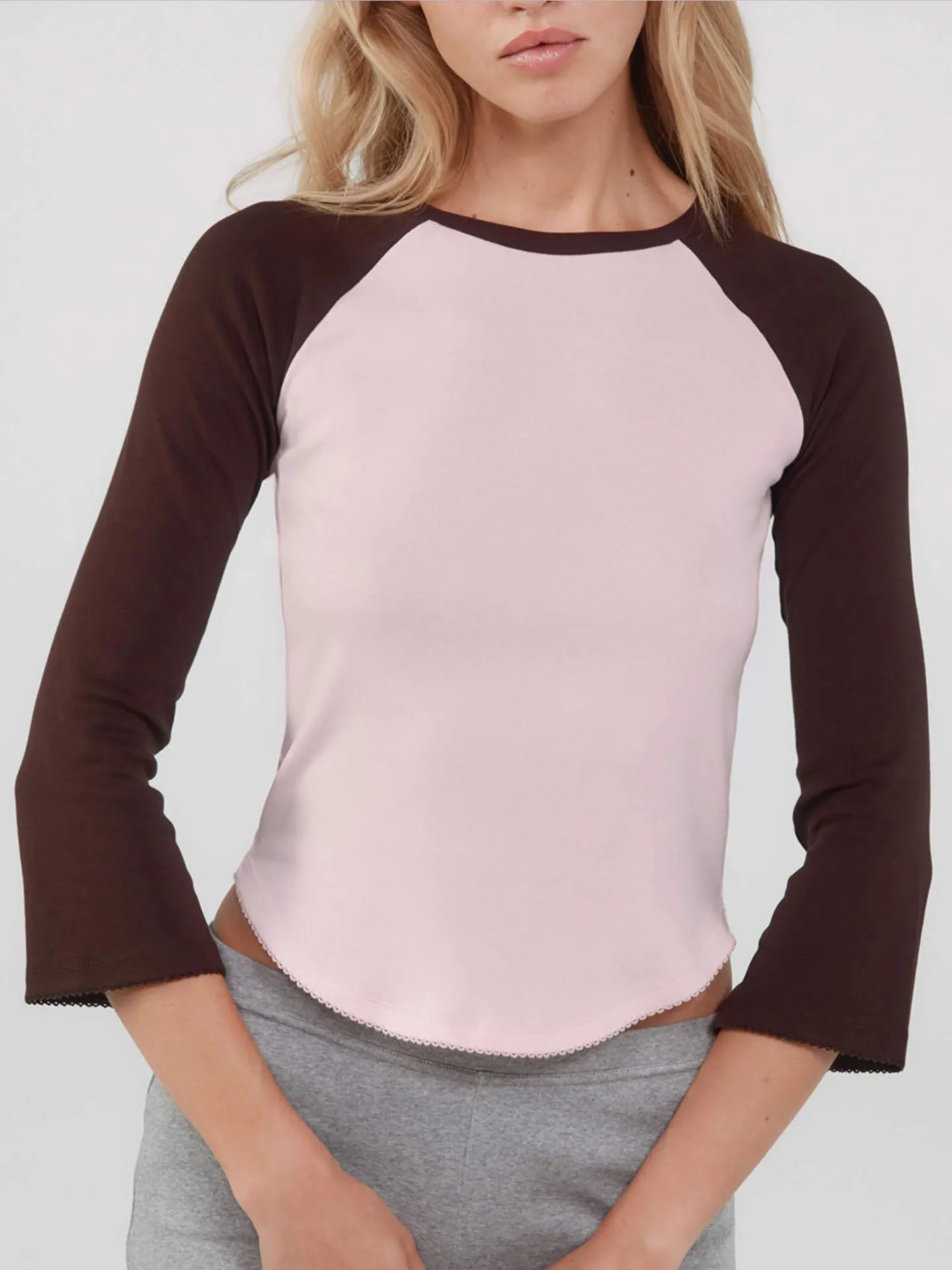 COUCOU round Neck Short Sleeve T-Shirt Pink Brown Color Block Design Flared Cotton Women's Cleanfit Style mid Waist A-Line Shirt