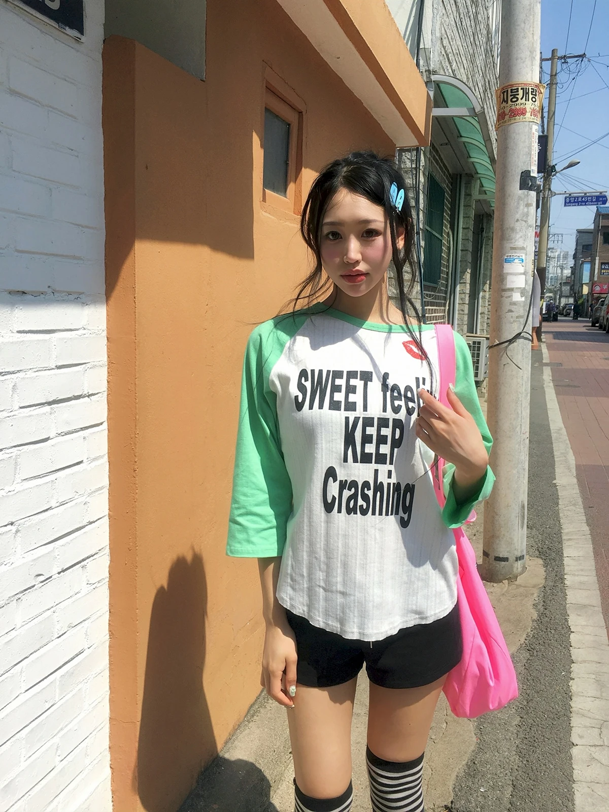 Sakura Casual Korean Style Tee Comfortable Color Block Print Shoulder Insertion Seven Quarter Sleeve round Neck Top Women