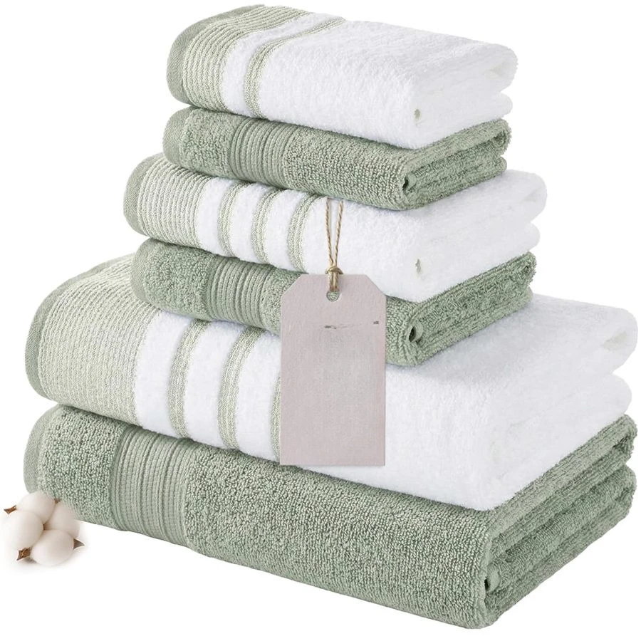 

6 Piece Set, 2 Bath Towels, 2 Hand Towels, 2 Washcloths, Quick Dry White Contrast Reinhart Sage