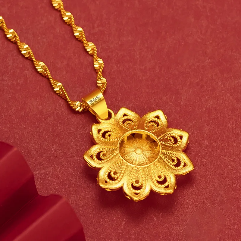 Solid 18k Yellow Gold Color Hollow Sun Flower Necklace for Women Bride Charm Fine Jewelry Link Chain Wedding Party Gift Not Fade