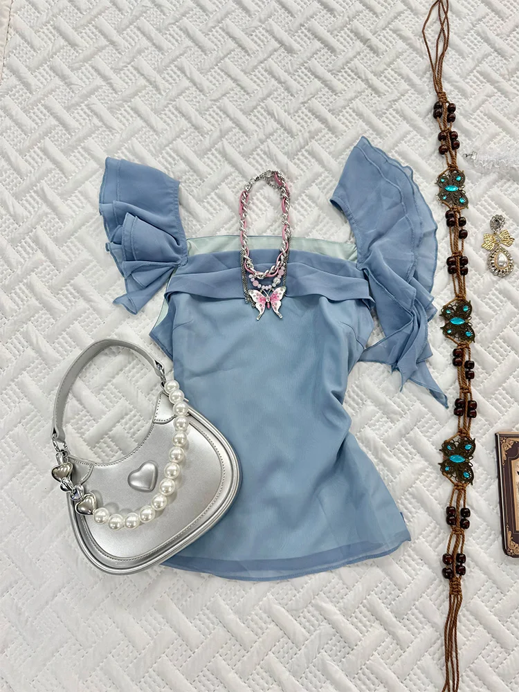 

Original Beautiful Blue ort Sve Women's irt Spring Summer New Arrival Korean Sle Commute Cotton Blend Faion Top
