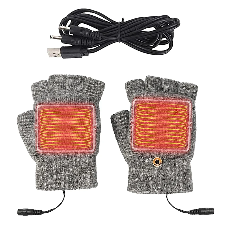 USB Double-sided Heating Electric Heating Gloves Knitted Half-finger Flip Gloves Winter Charging Gloves Hand Washable Reusable