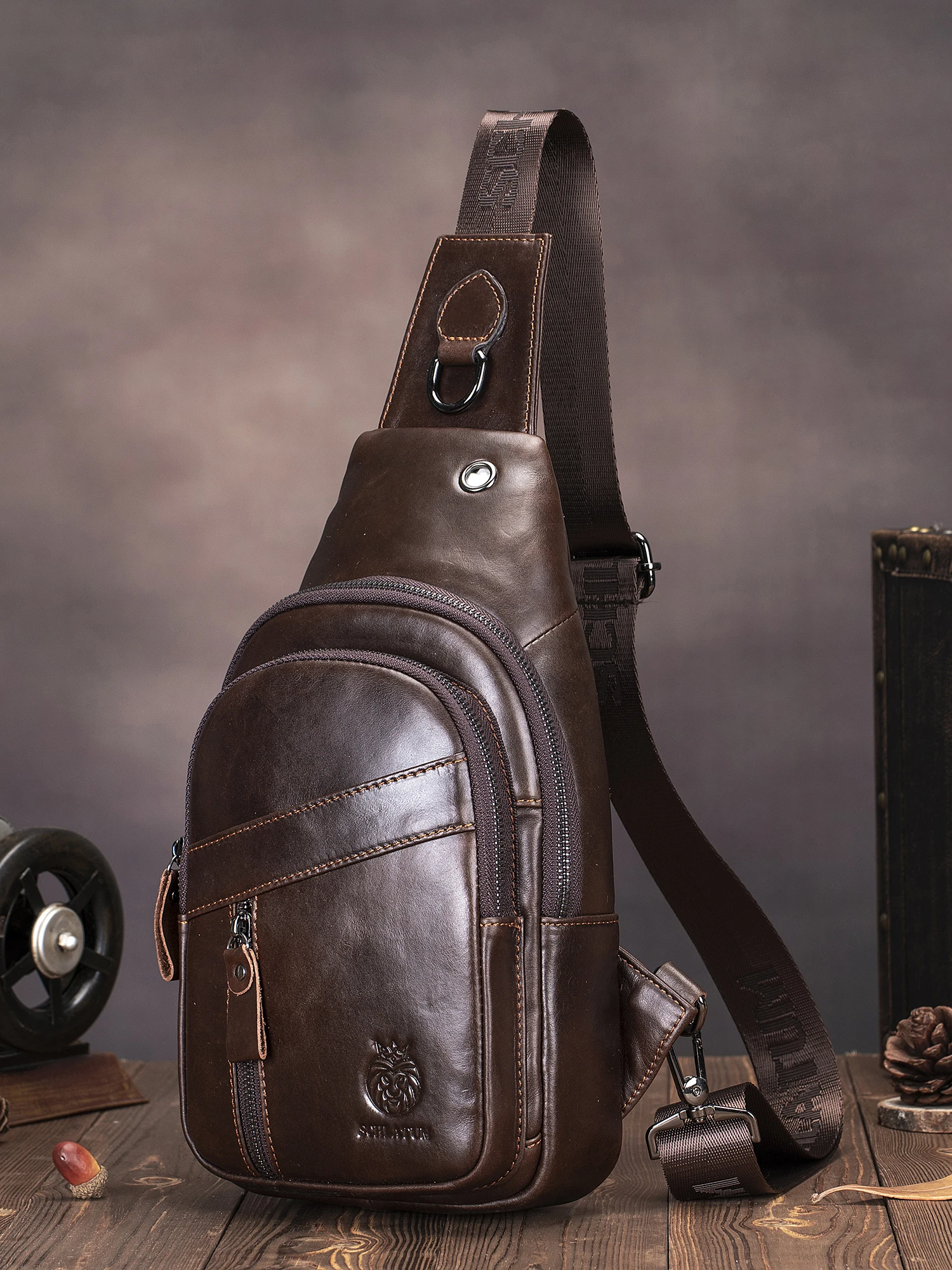 LUKZIJAES Genuine Leather Men Crossbody Bag Sling Shoulder Chest  Mens VintagePack Daypack Outdoor Travel Hiking Backpack
