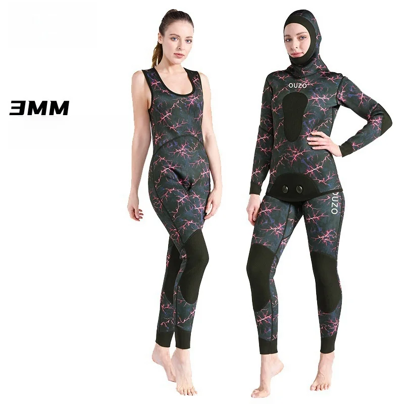 1.5mm/3mm Premium Two Pieces Camouflage Hooded Super Stretch Free Diving Suit Womens Mens Neoprene Full Body Spearfishing Suits