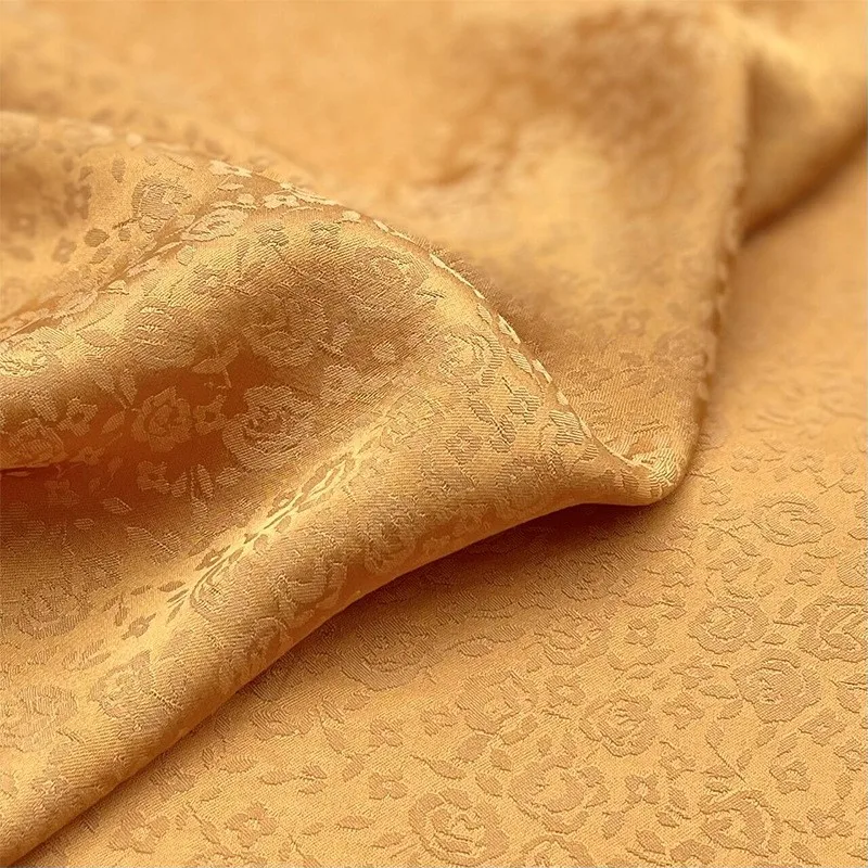 Yellow copper ammonia silk cotton satin dark pattern rose jacquard Hanfu long dress cheongsam fabric