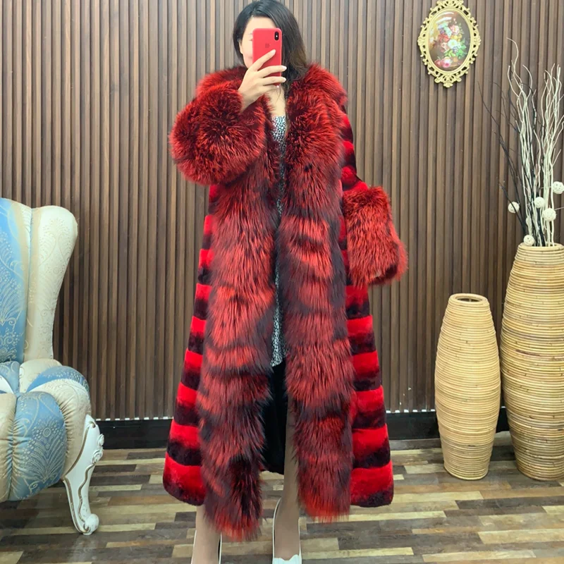 Women Red Real Rex Rabbit Fur Coat Fashion Chinchilla Thick Overcoat with Fox Fur Shawl Collar Winter Genuine Fur Warm Outwear