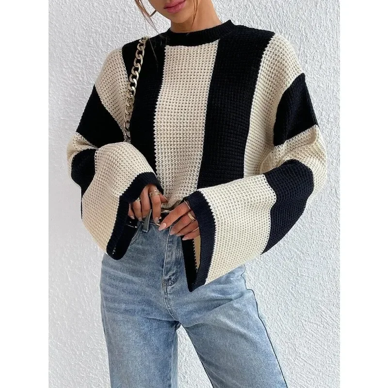 Women's Casual Knitted Sweater Top Temperament Commuting New Autumn & Winter Woman Fashion Round Neck Striped Knit Pullovers