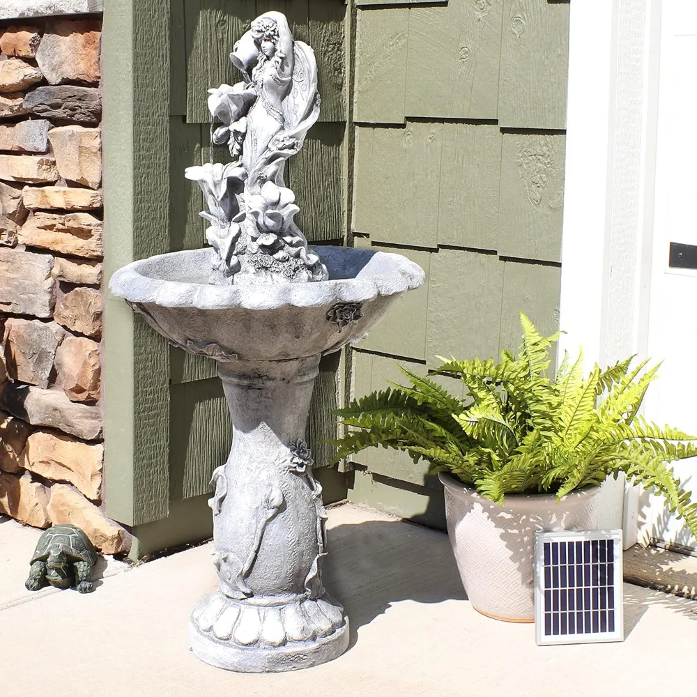 42 Inch Solar Fountain with Battery Backup and LED Lights, Submersible Pump, Resin and Fiberglass Outdoor Fountain