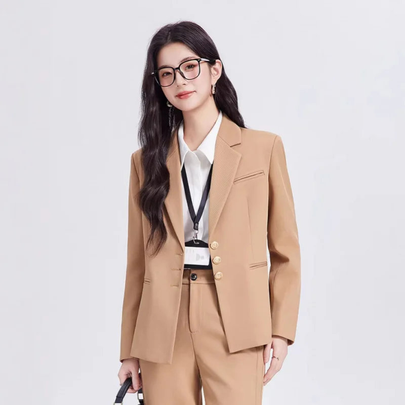 Khaki women's suit set, high-end, casual business style, suitable for college student interviews, professional formal wear, thre