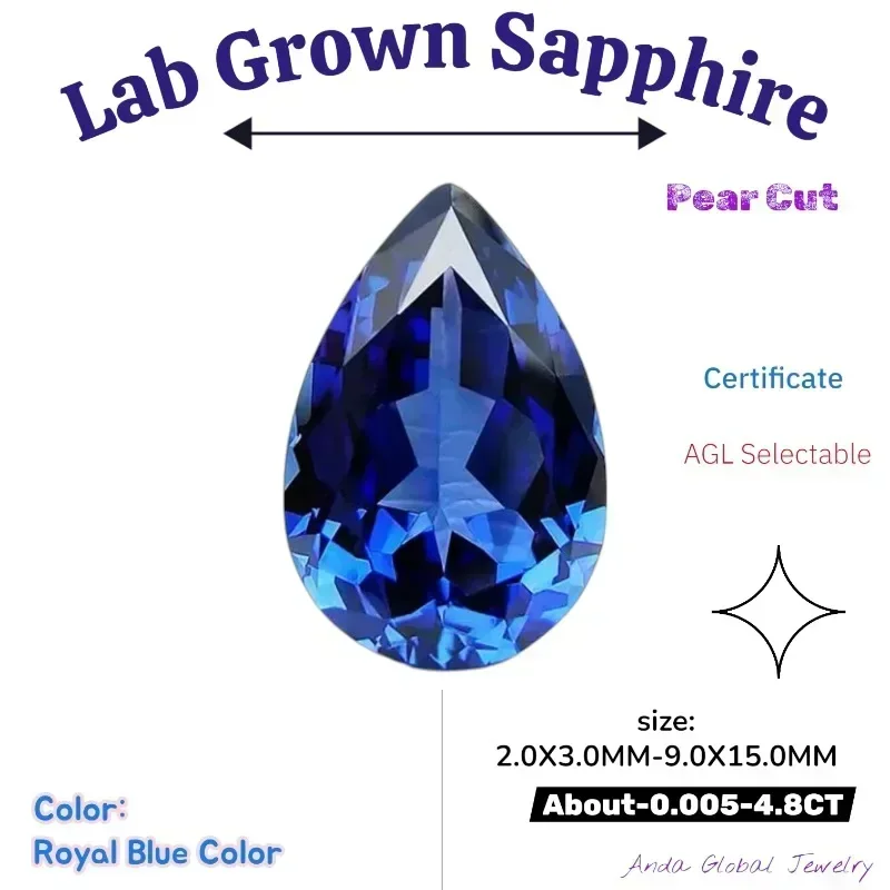 

S-S-Lab Grown Sapphire Pear Cut Royal Blue Color AAA+Clarity Gems for Jewelry Setting&Custom Design Selectable Certificate-M