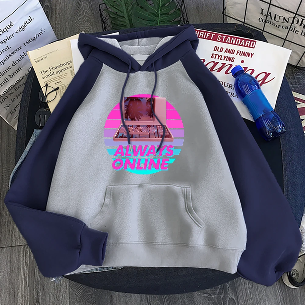 Street Trend Men Hoodie Funny Vaporwave Meme Always Online Retro 80S Printing Pullover Spliced Soft Sweatshirt Loose Fleece Tops