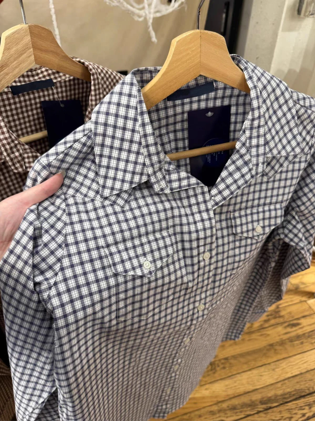 Poches marine Plaid Blouse femme printemps col rabattu simple boutonnage chemises amples femme Vintage Streetwear coton Blouses