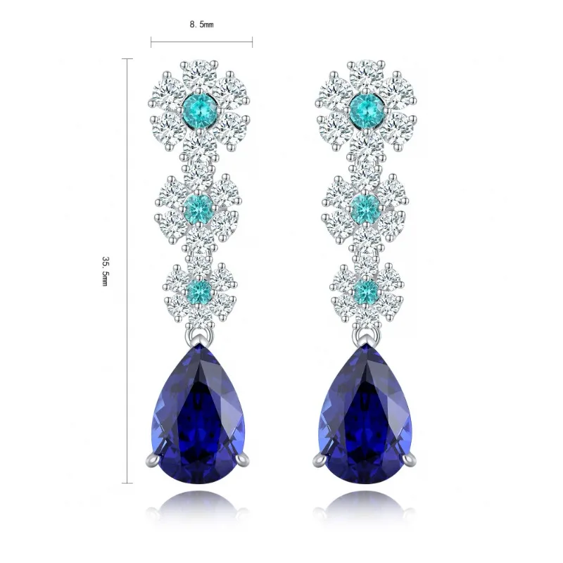 Ruihe New 925 Silver Earring Pear Shape 8.34ct Lab Grown Sapphire and 5A Cubic Zirconia Gems Ladies Fashion Jewelry Wholesale