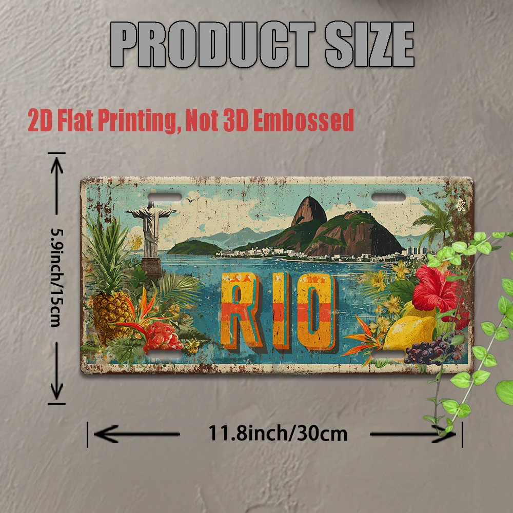 Rio de Janeiro Metal License Plate Wall Art -Aluminum Sign with Tropical Cityscape, Statue of Christ the Redeemer & Sugarloaf