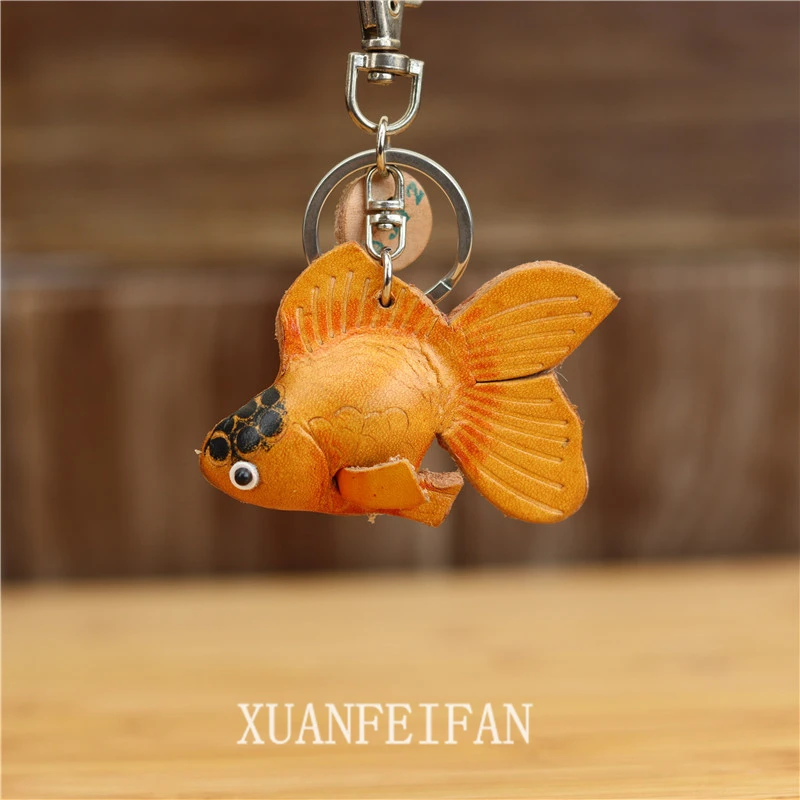 Cowhide Small Goldfish Bag Charm Keychain Pure Handmade Small Red Fish Small Yellow Fish Bag Hanging Key Chain Koi