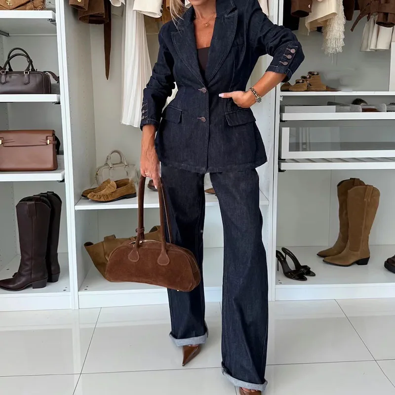 Women's Casual Long Sleeve Solid 2Pc Sets Elegant Commuting Cowboy Blazer Outfits Fashion Lapel Button Coats & Long Pant Suits