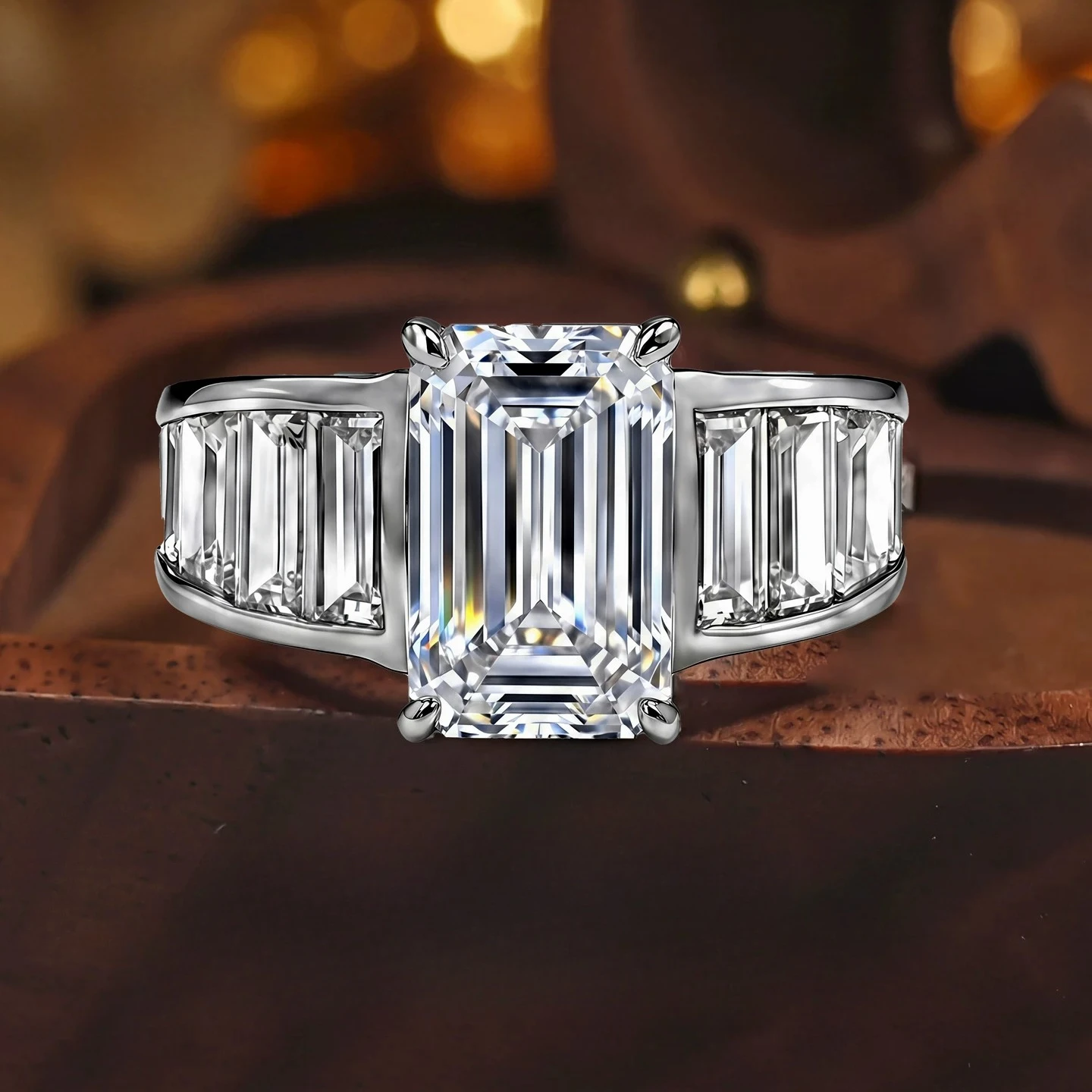 New 4-carat 925 Silver High Carbon Diamond Ring, Emerald Cut Ladder Square Diamond Index Finger Ring, New Wedding Jewelry