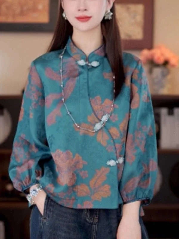 New Chinese Style Printed Stand Collar Oblique Neck Buttoned Shirt Women's Autumn New Fashion Age Reduction Asymmetric Tang C...