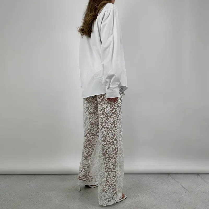 Sexy See Through Lace Women Pant White Hollow Out High Waist Two Piece Sets Female Summer Casual Outside Streetwear 2023