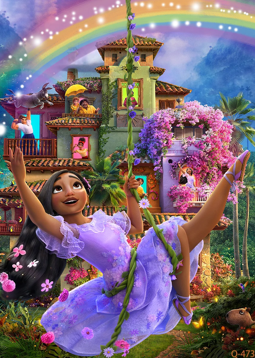 ディズニーのencanto Mirabel写真の背景女の子の幸せな誕生日パーティーの装飾ビニールの写真スタジオの小道具の背景