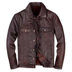 Retro Brown Autumn Leather Jacket Men Vintage Style Plus Size 7XL Genuine Natural Cowhide Single Breasted Leather Coat
