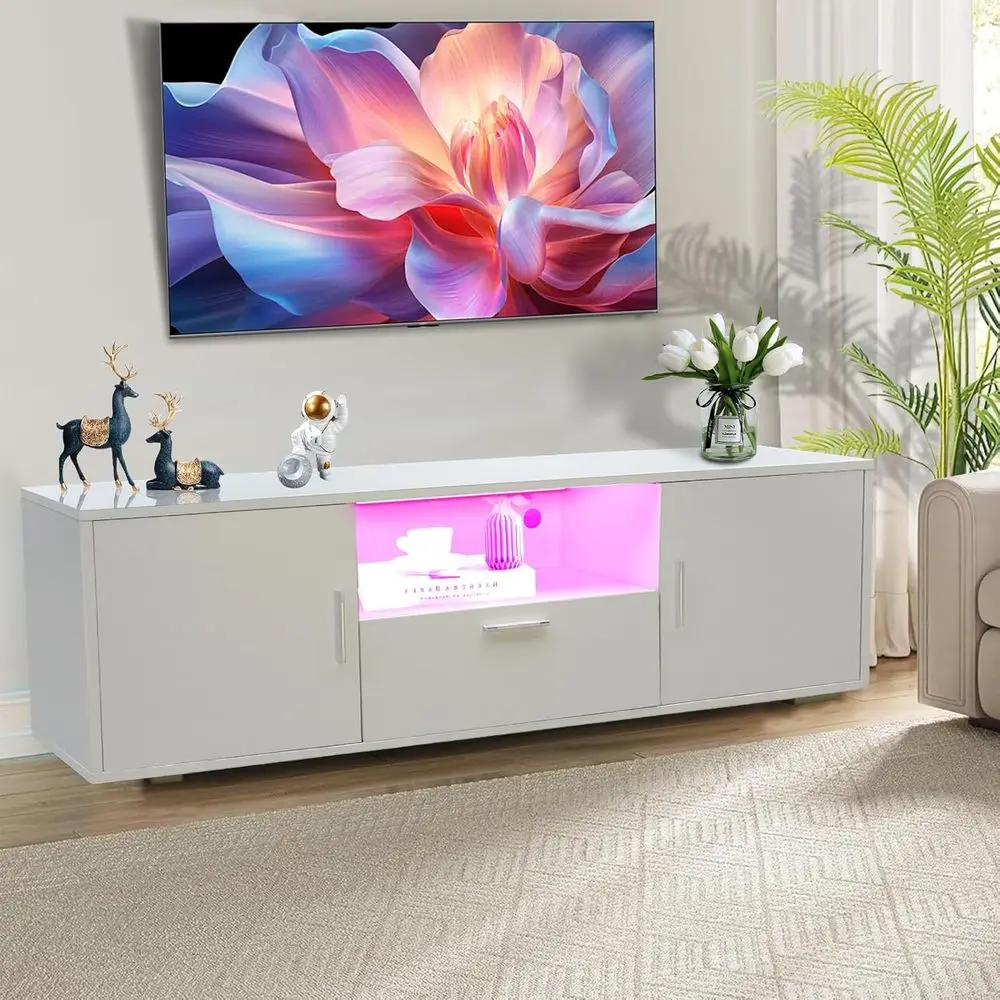 

TV Stand or 55 Inch TVs,ern LED Entertainment Center with Storage Cabinet and Ders,TV ole Table or Living Room,Bedroom(White)