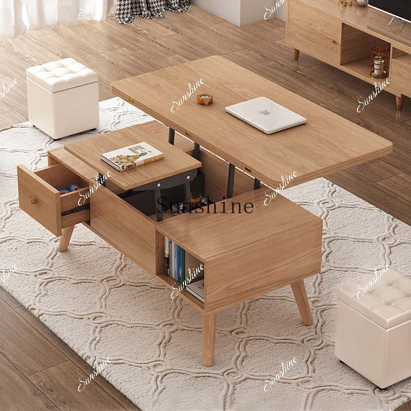 Nordic multi-functional lifting coffee table becomes dining table dual-purpose living room small apartment solid wood  FT