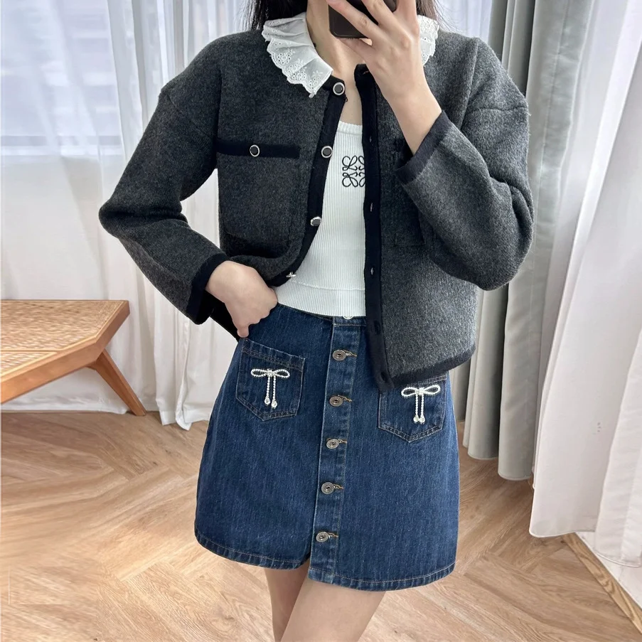 

Women Coat Spliced Lace Collar Single Breasted 2024 Spring New Casual Wool Cardigan