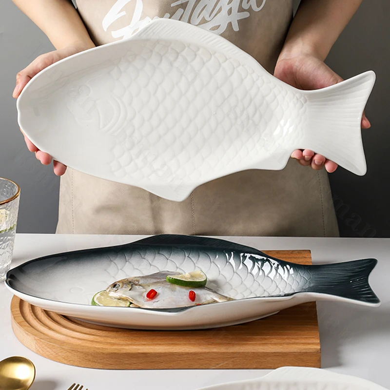 Creative Fish Shaped Ceramic Plate Simple Restaurant Tableware Steamed Fish Dish Grilled Fish and Seafood Dishes Dinner Plates