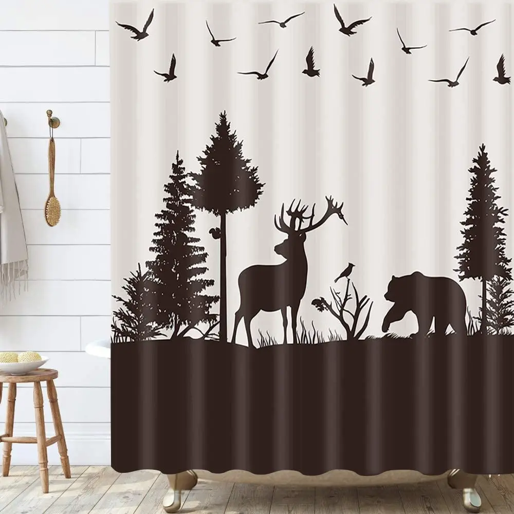 Cabin Brown Beige Shower Curtain Bear Deer Wild Life Animal Birds in Forest Hunting Theme Fabic Bathroom Curtains with Hooks