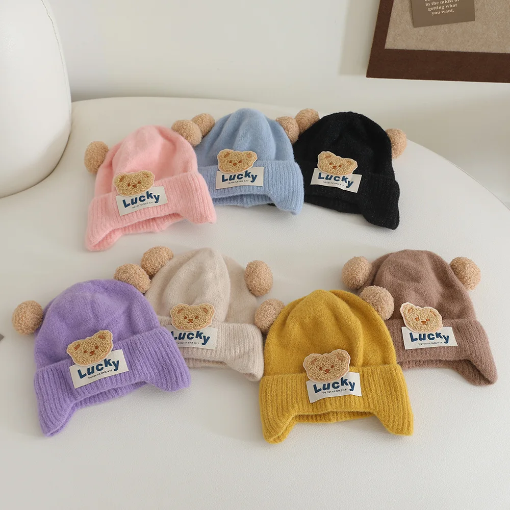 2025 winddicht Einfarbig Baby Gestrickte Hut Weiche Nette Winter Hut Plüsch Ball Cartoon Kinder Warme Mütze Baby Kinder Kinder