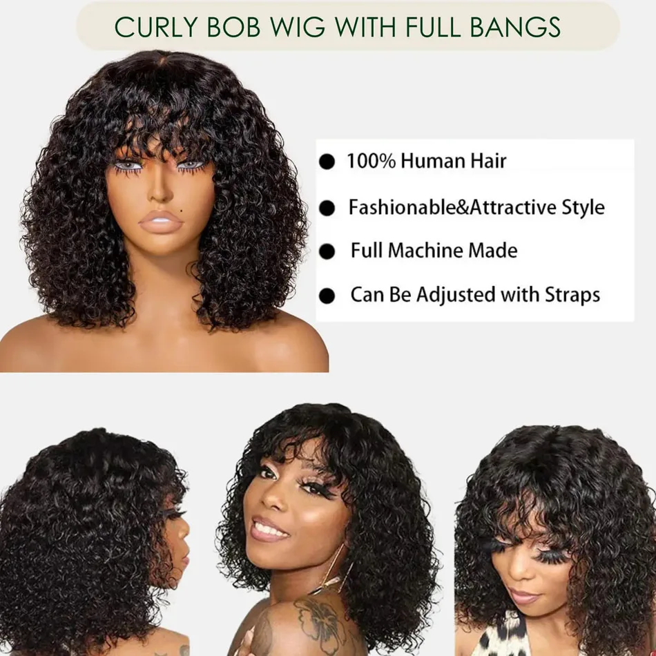 Short Bob Wig Deep Wave Curly Bob Wig With Bangs Human Hair Glueless Brazilian Scalp Top Wig Loose Deep Curly For Black Women