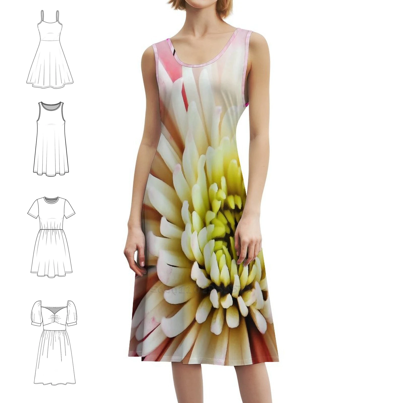 تتفتح زهرة الأقحوان البوهيمي بلا أكمام فستان متعدد الطباعة شاطئ عطلة فستان الحفلات زهرة الأقحوان تزهر