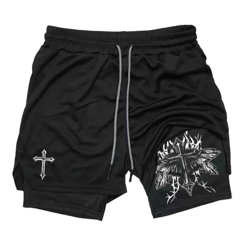 Trendige bedruckte 2-in-1-Trainings- und Laufshorts für Herren, schnell trocknend, atmungsaktiv, für Performance-Fitnessstudio für Sommersport, sportliche Aktivbekleidung
