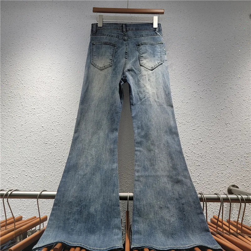 Fashion Lady New Spring Autumn High Waist Flare Jeans All-match High Waist Hot Diamonds Embroidery Cotton Elastic Denim Pants