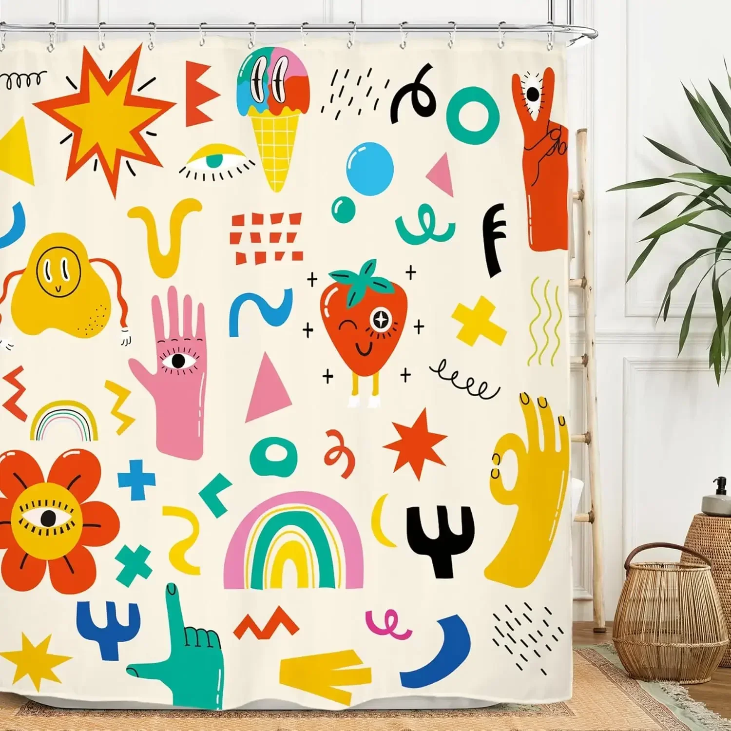 Fashionable Hippie Shower Curtain suit 70 s Retro Cute Children Cartoon Rainbow Fashion Colorful Waterproof Bathroom Curtain