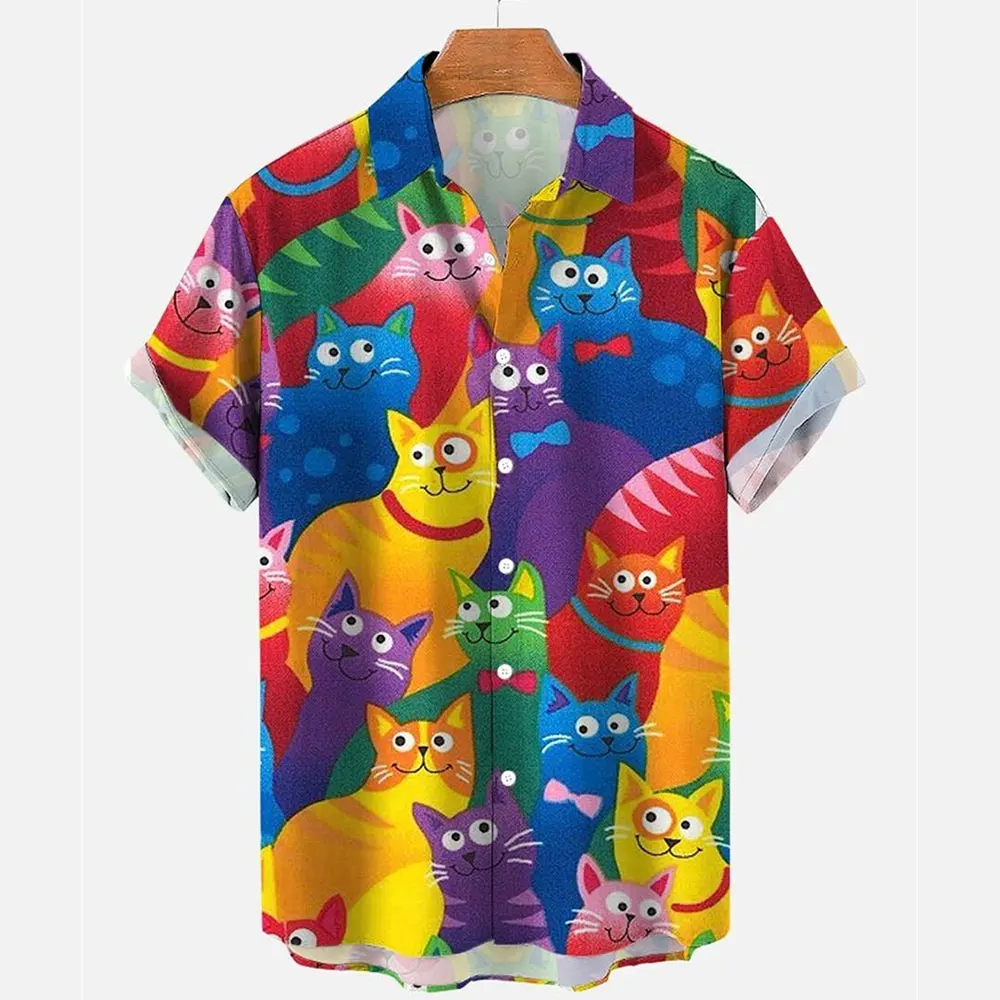 Cartoon Animal Cat Print camicie da uomo Summer Anime abbigliamento Vintage risvolto camicia da spiaggia hawaiana top Casual a maniche corte da uomo