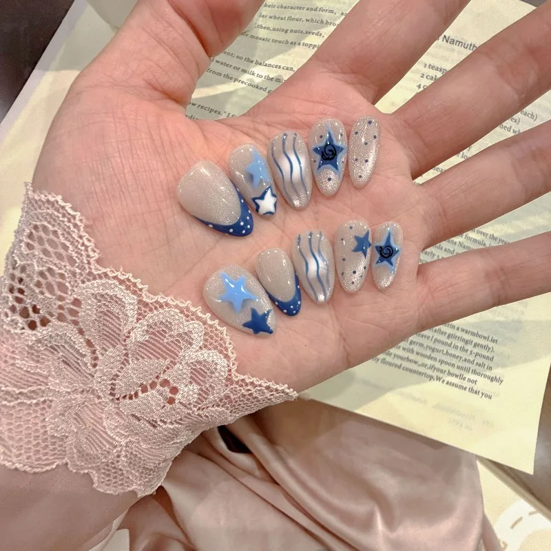 10pcs Handmade Nails Blue Polka Dot French Tip Star and Cat-eye Designs Press-on Nails Perfect As Gifts for Girls and Friends
