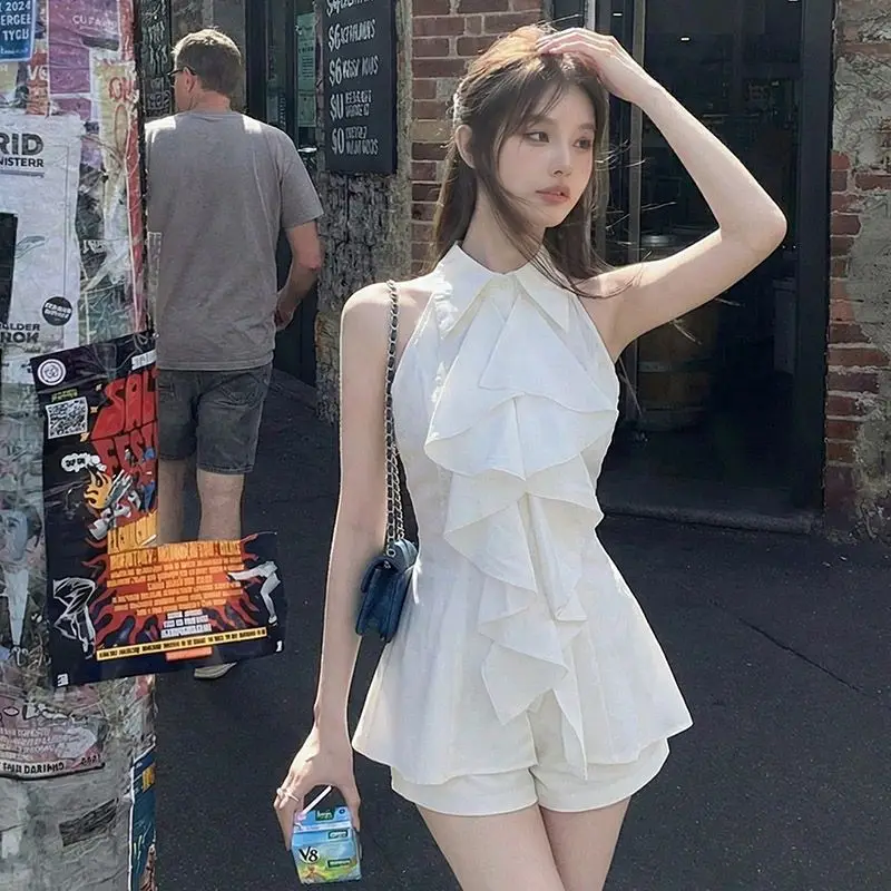 Sexy White Hanging Neck Sleeveless Women's Dress Early Spring Waist-Cinching Skirt Short Skirt Sweet-and-Spicy Style T-shirt